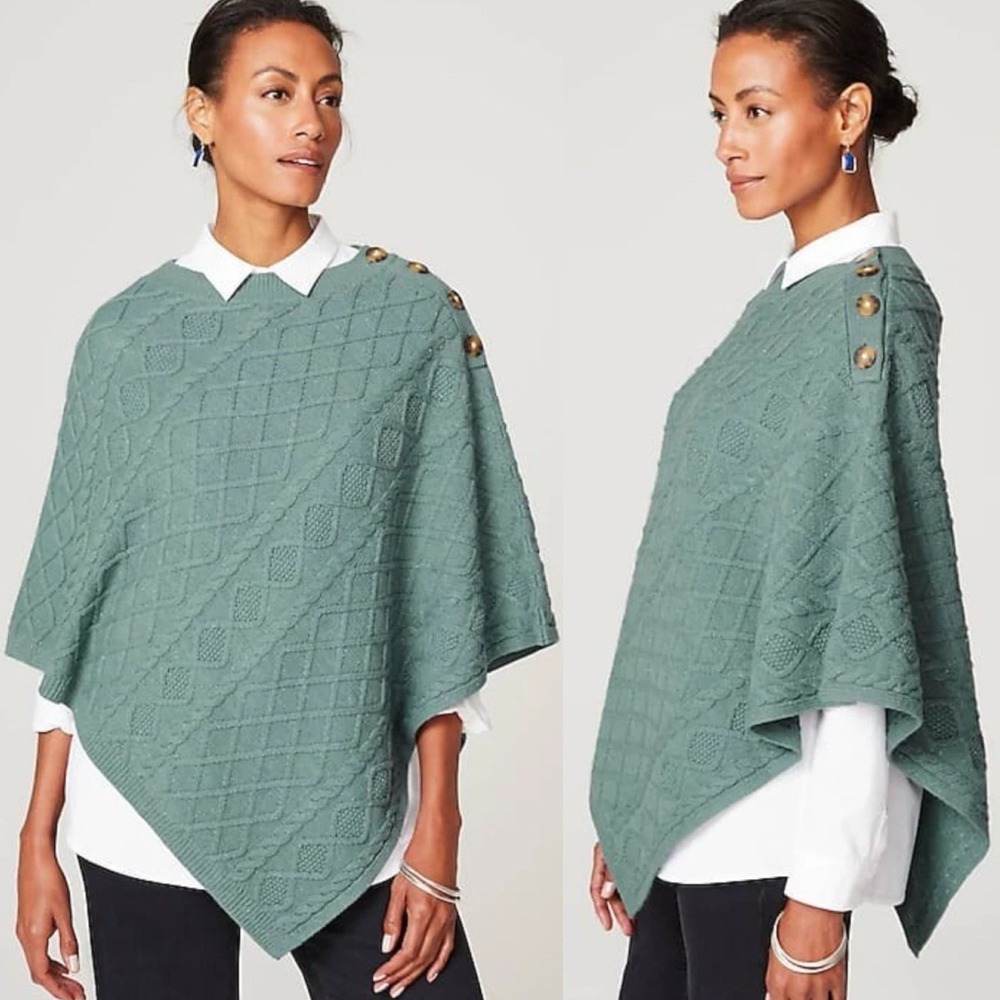 J. Jill Cable Knit Poncho Sweater Blue Green Asymmetrical